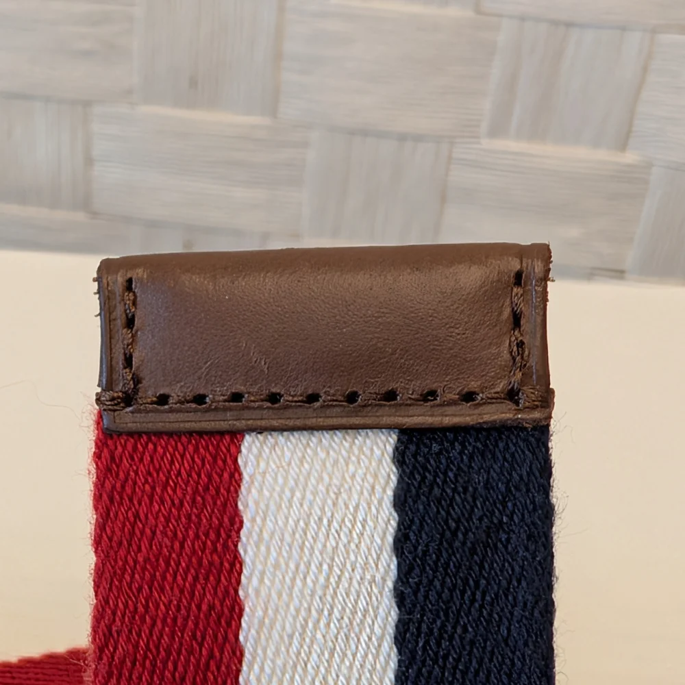 Polo Ralph Lauren Striped Canvas Leather Belt‎ Script Logo Buckle Red White Blue